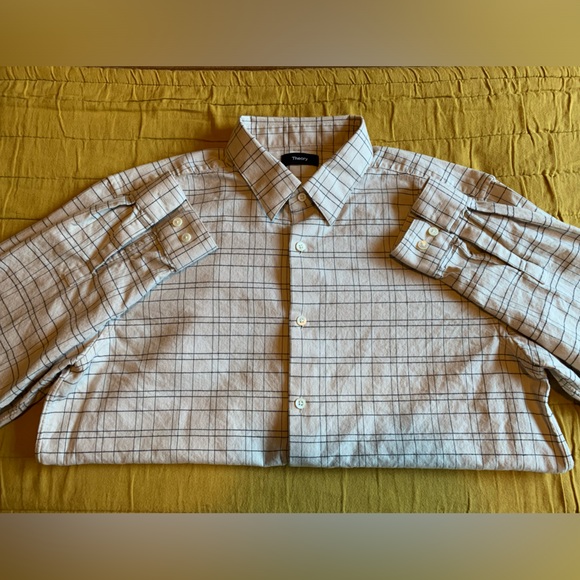 Men’s, Theory L-Sleeve Grid Pattern Shirt, Cream with Navy Stripe, Size L - Picture 3 of 7